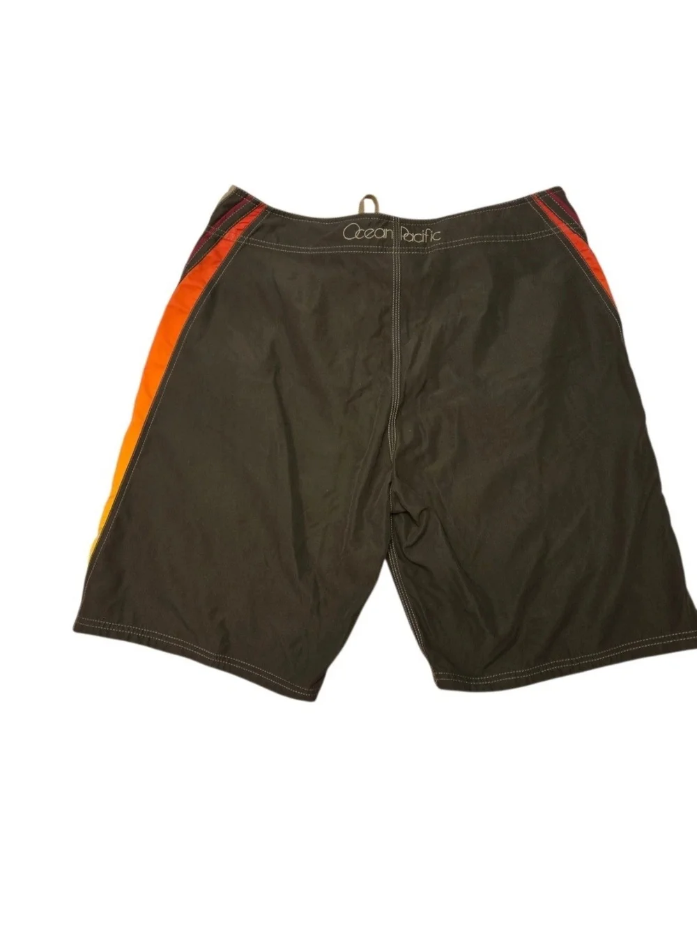 Y2K OP Men's Olive Swim Board Shorts with Yellow and Orange Gradient Panels